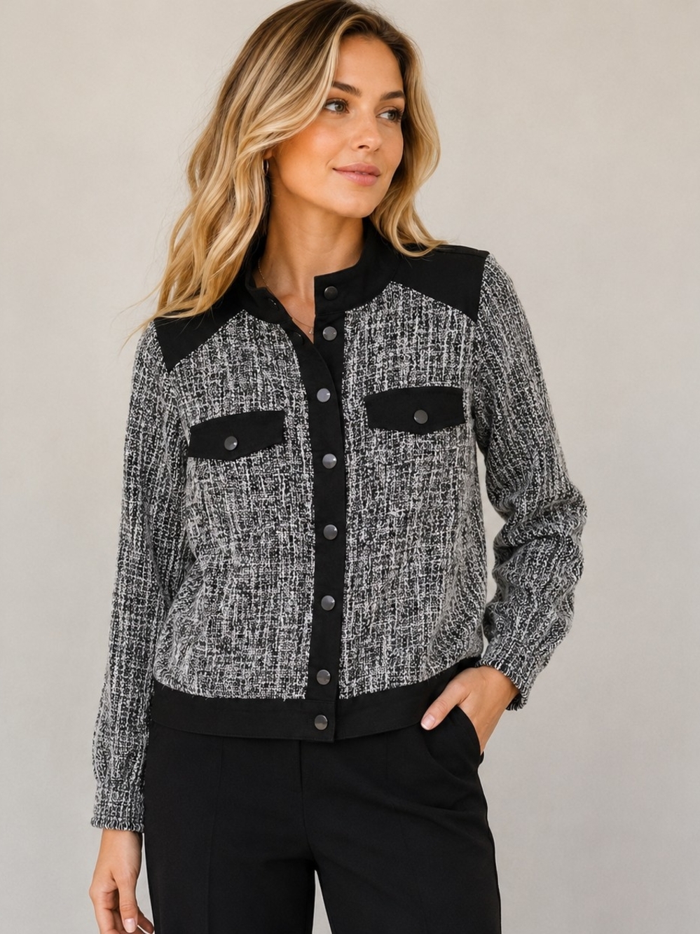 DG2 by Diane Gilman Mixed Media Tweed Stretch Boucle Jacket Sz L Black White